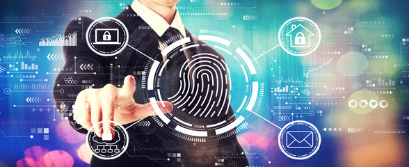 Fingerprint scanning theme with a businessman on a shiny background