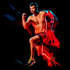 topless muscular man runner. running jogger jogging isolated black background