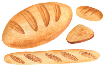 Watercolor bread, baguette, bun. Illustration for cartoon, paper, textile, decoration, gifts. Cafe elements.