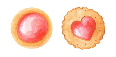 Watercolor coockies with jam. Illustration for cartoon, paper, textile, decoration, gifts. Cafe elements.