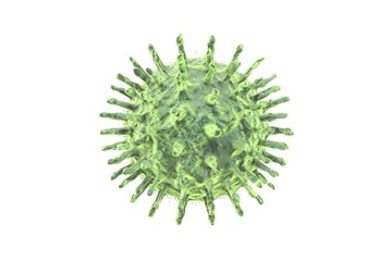 3d illustration: The green virus cell with yellow spots. Abstract model of coronavirus 2019. On white background isolated.