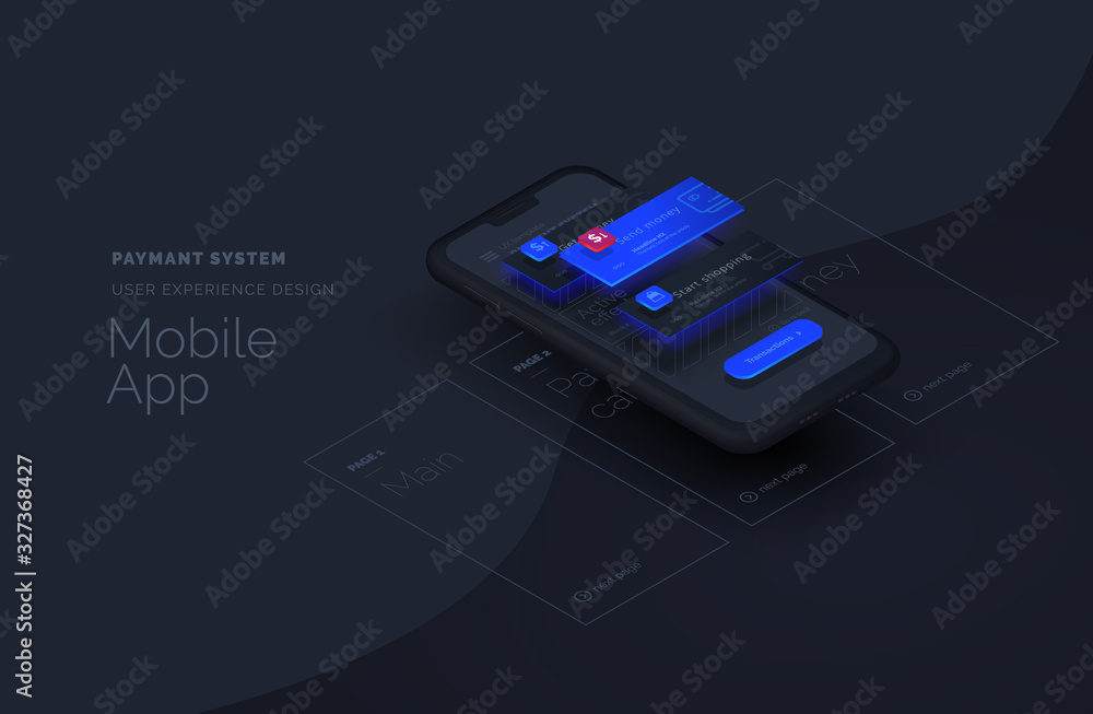 Poster Payment system for mobile applications. Web page created from separate blocks. User experience, user interface. Layouts of the mobile application by layers. Modern vector illustration isometric style.