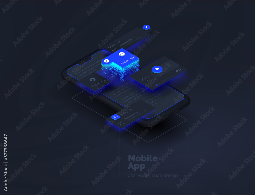Poster Mobile apps. Creation of a mobile application. Web page created from separate blocks. User experience, user interface. Layouts of the mobile application by layers. Modern vector illustration.