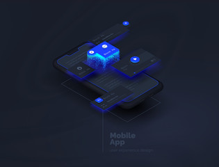 Mobile apps. Creation of a mobile application. Web page created from separate blocks. User experience, user interface. Layouts of the mobile application by layers. Modern vector illustration.