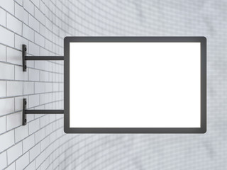 Blank, white rectangular shop sign hanging on a white wall. 3D