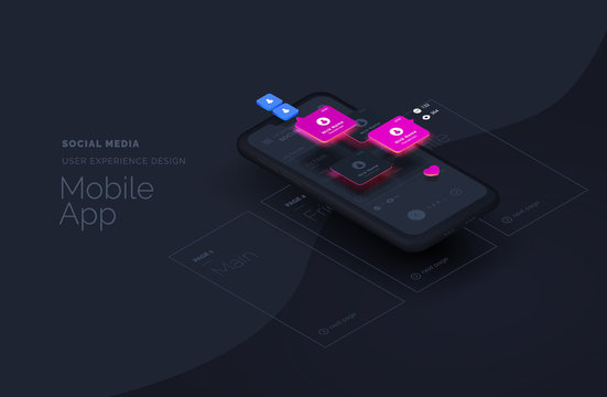 Social media for mobile applications. Web page created from separate blocks. User experience, user interface. Layouts of the mobile application by layers. Modern vector illustration isometric style.