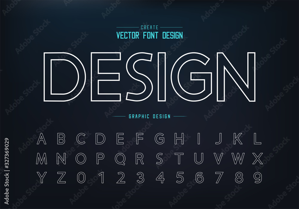 Fototapete Line font and alphabet vector, Design typeface and number, Graphic text on background