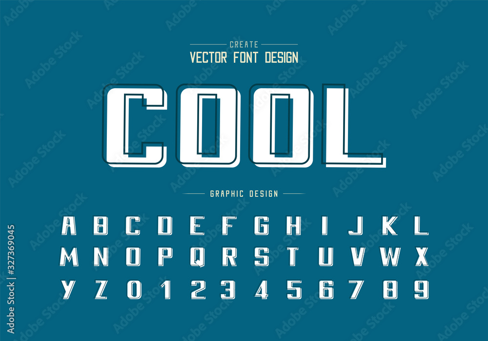 Poster line font with white shadow and bold alphabet vector, writing typeface and number design