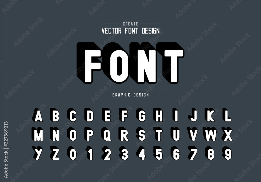 Poster shadow font and alphabet vector, style typeface letter and number design