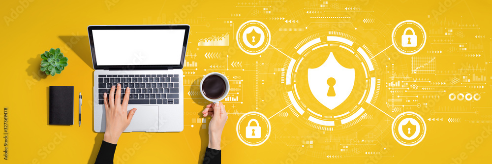 Poster cyber security theme with person using a laptop computer