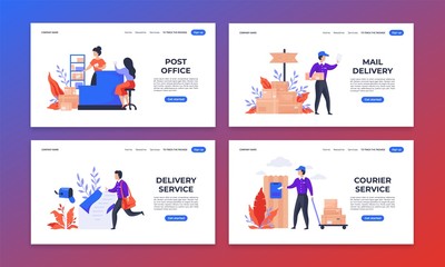 Fototapeta na wymiar Delivery landing page. Shipping and mail service web pages, cartoon characters delivering parcels to customers. Vector web site illustration mailing send and delivered parcel for customer