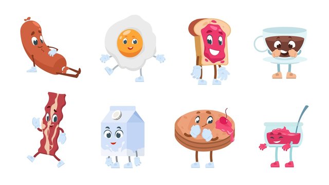 Breakfast characters. Breakfast food with cute kawaii faces, toast eggs jam milk coffee and bakery pastries. Vector illustration objects funny morning smiling food for comic illustrated