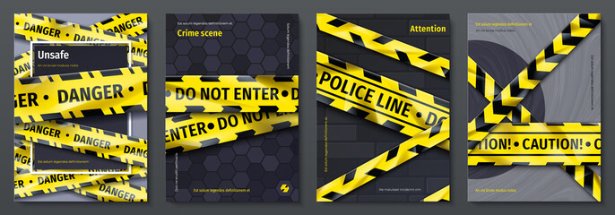 Caution tape posters. Set of banners with yellow danger tape and warning signs for party flyers. Vector placards with safety ribbons design template, fashion style retro danger alert zone
