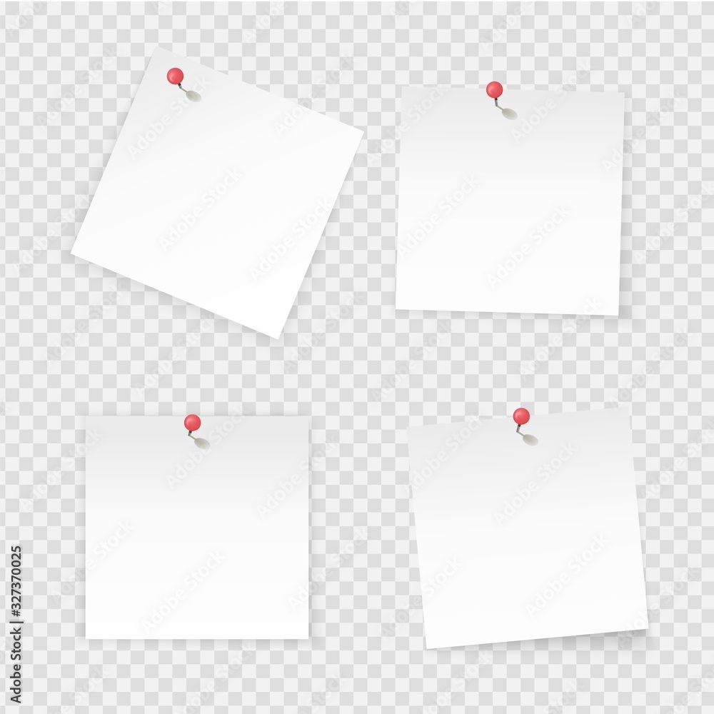 Poster Sticky notes. Paper stick notes isolated on transparent background. Empty notebook page pinned red pushbutton. Vector paper labels with empty space for working board