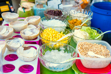 Coconut ice cream shop With the ingredients that the vendors have prepared