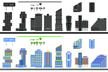 Obraz premium Hotel buildings set, color and silhouettes, isolated on white vector icons