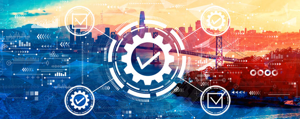 Quality control approval with aerial view of the Bay Bridge in San Francisco