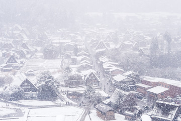 Views Shirakawago villages with snowfall. Famous sightseeing location in Shirakawa-go gassho-zukuri, Gifu Chubu Japan. Landscape of beautiful place has been registered as UNESCO World Heritage Site