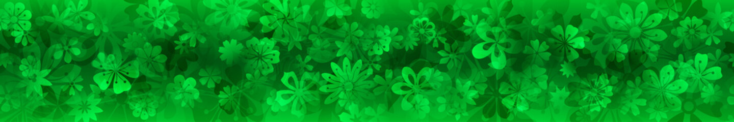 Spring banner of various flowers in green colors with seamless horizontal repetition