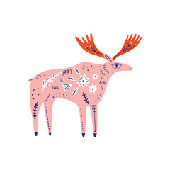 Modern folk tribal boho patterned animal in Scandinavian style. Floral Slovak ornament, inspired by northern mythology and fairy tales. Swedish folklore drawing, Nordic flowers pattern. Woodland chara