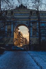 Streets of St. Petersburg at sunset on a winter day
