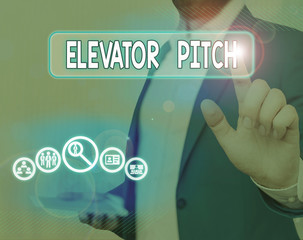 Text sign showing Elevator Pitch. Business photo showcasing the elevator statement is a short...