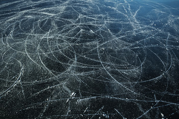 ice traces of skates texture, abstract background, top view aerial photography traces of hockey skates