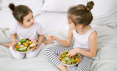 Healthy food, children eat fruits and vegetables.