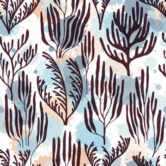 Coral reef seamless pattern., Tropical coral reef branch silhouette elements.