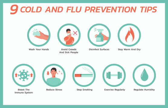 nine cold and flu prevention tips infographic, healthcare and medical about fever protection, vector flat symbol icon, layout, template illustration in horizontal design