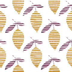 Trendy lemon with leaves seamless pattern. Hand drawn citrus fruits.