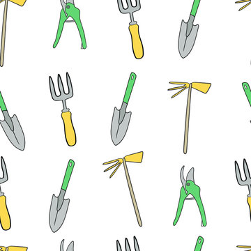 Various gardening tools seamless pattern on a white background. Garden pitchfork, small shovel for print, fabric, website, wallpaper.