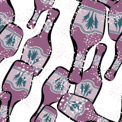 Doodle alcohol rum bottles. Abstract glass bottle seamless pattern on white background.