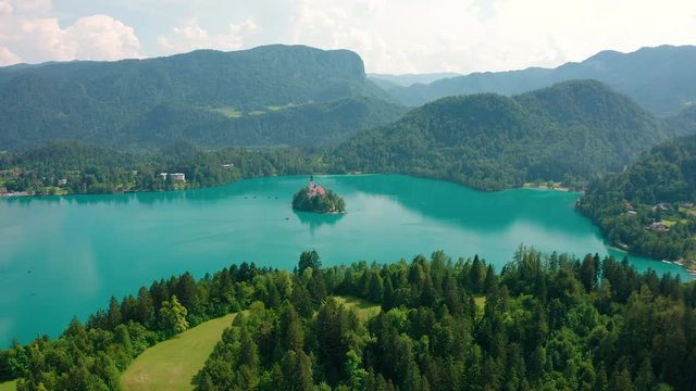 Drone flying above the landscape in Bled Slovenia