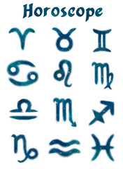 Obraz premium Big watercolor digital paint magic occultism symbols set of zodiac horoskope signs on night blue sky and stars isolated on white background