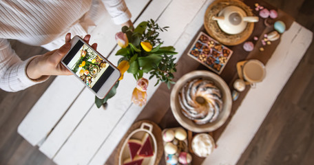 Easter holiday. photo of the table from the phone.