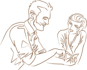 a man and a woman are talking, male pointing a finger at a mobile phone, female looking at him with her mouth open