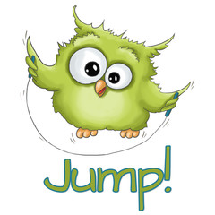 Illustration funny cute green owl with jumping rope isolated on white background