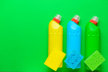 Set of cleaning supplies on color background