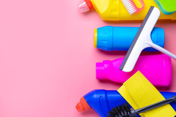 Set of cleaning supplies on color background