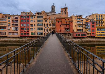 Fototapeta premium View of the old city of Girona from the bridge over the Onyar River. Catalonia. Spain.