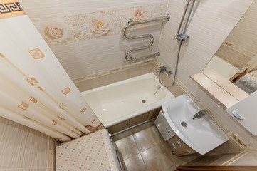 Russia, Moscow- November 04, 2019: interior room apartment modern bright cozy atmosphere. general cleaning, home decoration, bathroom, sink, decoration elements, toilet