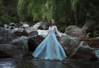 The Tale of the Mermaid. Tale of the River Nymph. Girl in a blue dress by the river.