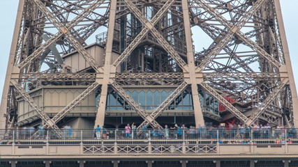 Close up view of first section of the Eiffel Tower timelapse in Paris, France.