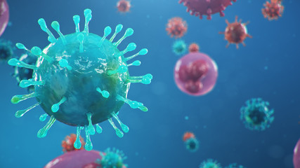 Outbreak of coronavirus, flu virus and 2019-nCov. Human cells, the virus infects cells. COVID-19 under the microscope, pathogen affecting the respiratory system, 3d illustration