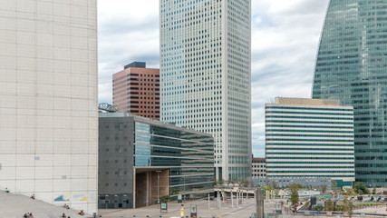 Skyscrapers of Defense timelapse modern business and financial district in Paris with highrise buildings