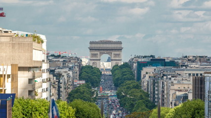 Fototapeta na wymiar View from fountain in Defense business district to the Arc de Triumph timelapse, Paris, France