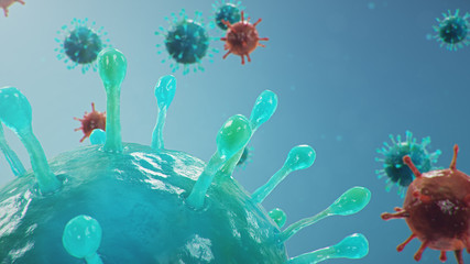 Fototapeta na wymiar Outbreak of coronavirus, flu virus and 2019-nCov. Concept of a pandemic, epidemic for human cells. COVID-19 under the microscope, pathogen affecting the respiratory system, 3d illustration