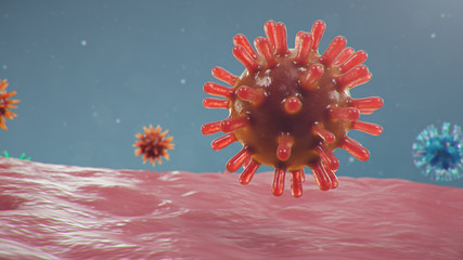 Outbreak of Chinese influenza - called a Coronavirus or 2019-nCoV, which has spread around the world. Danger of a pandemic, epidemic of humanity. Close-up virus under the microscope, 3d illustration