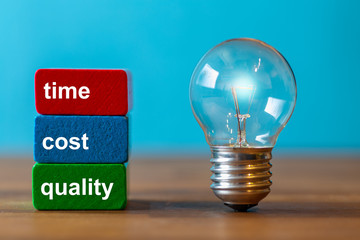 Time, cost quality stands on colorful blocks next to a vintage light bulb on a dark wooden plate...